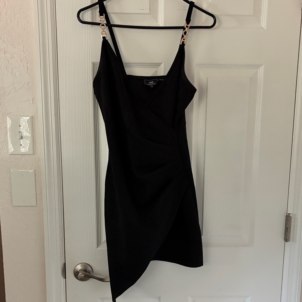 Have Asymmetrical Black Suede Dress with Gold Accents